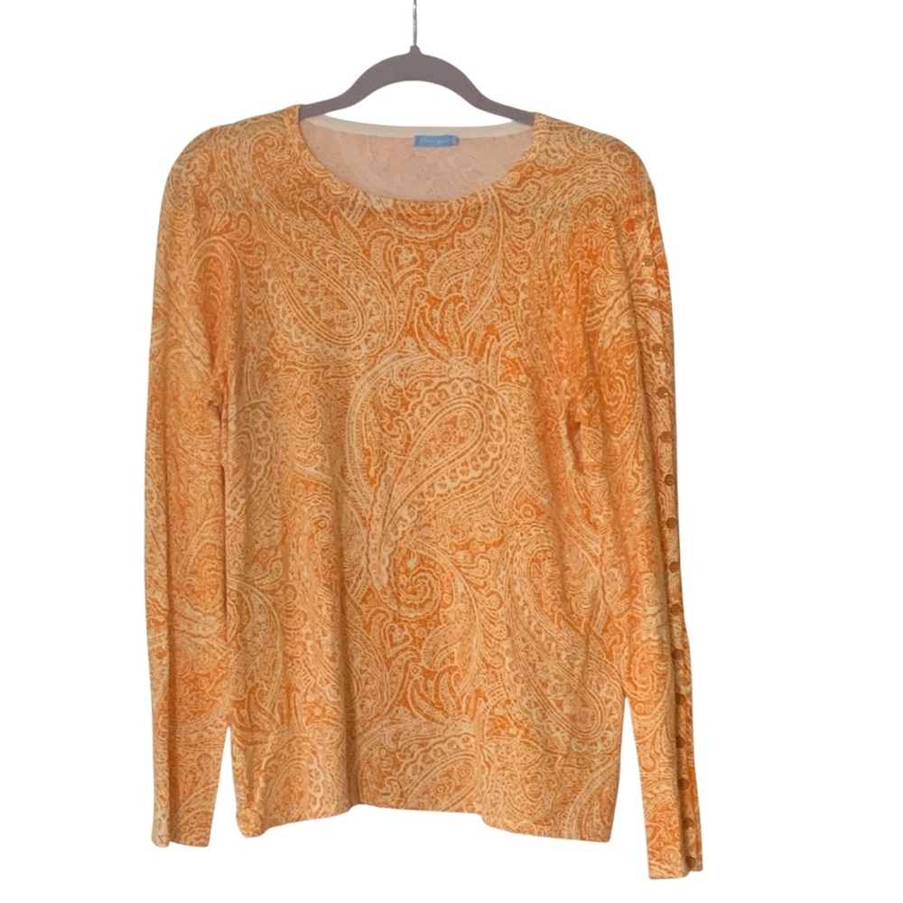 J McLaughlin Large Orange Paisley Print Button Detail Lightweight Sweater Top